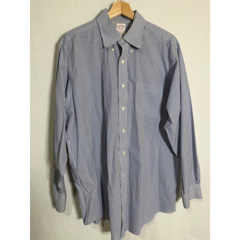 Vintage Brooks Brothers Traditional Fit Non-Iron Gingham Shirt Blue wht 16.5 34‎